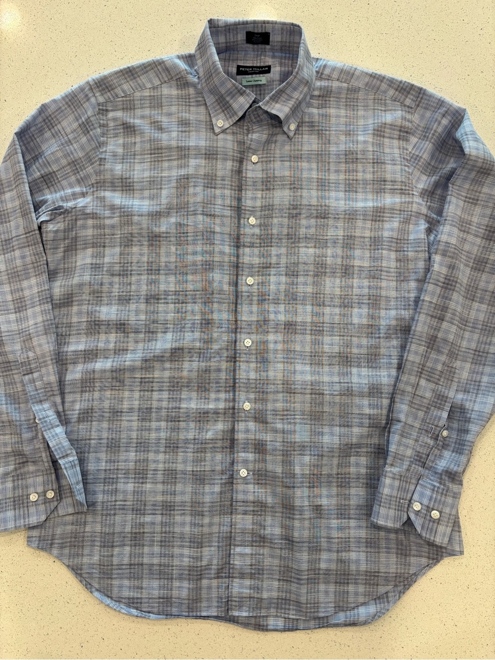 Peter Millar Men’s Button-Down Plaid Shirt in Light Blue and Gray Large